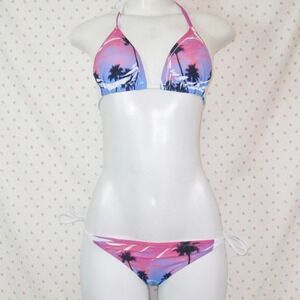 y2k pink purple sunset palm tree print bikini set